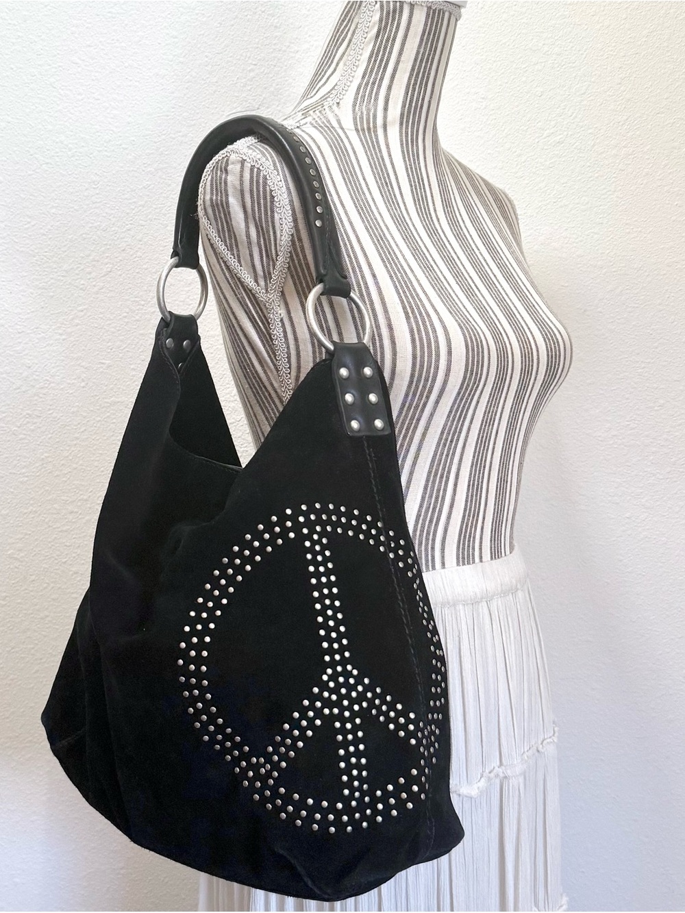 Vintage 2000s Lucky Black Suede Leather Studded Peace Sign Slouchy Hobo Bag